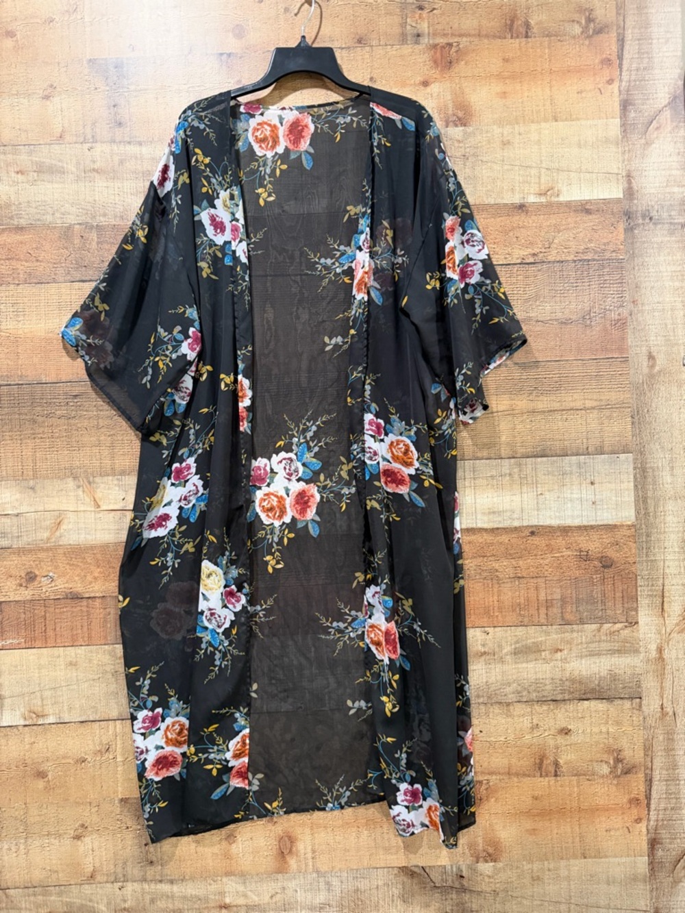 Kimono Cardigan Ruana Black With Floral Print One Size
